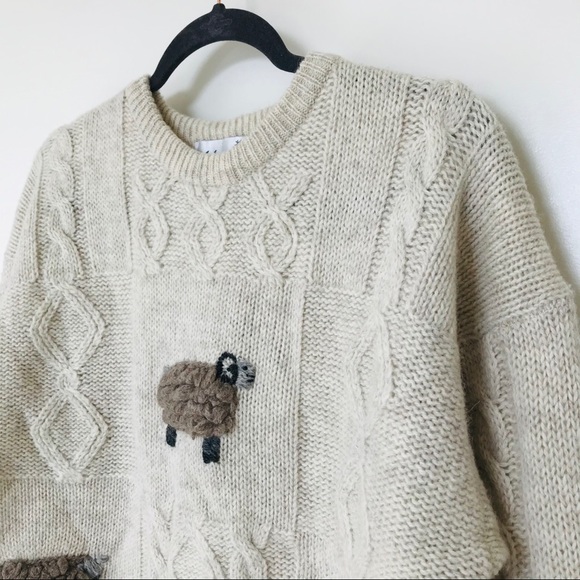 Vintage 100% Wool Cream Sheep Knit Sweater - Picture 5 of 12